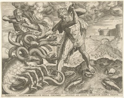 Hércules conquista la hidra de Lerna Trabajos de Hércules (título de la serie) de Cornelis Cort