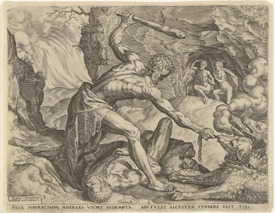 Hércules saca a Cerbero del infierno Trabajos de Hércules (título de la serie) de Cornelis Cort