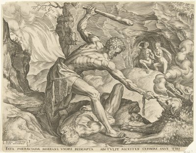 Hércules saca a Cerbero del infierno Trabajos de Hércules (título de la serie) de Cornelis Cort