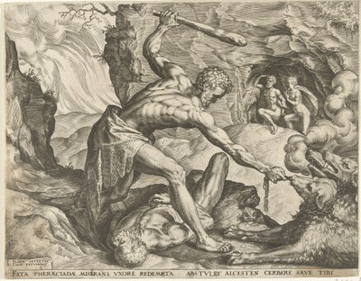 Hércules saca a Cerbero del infierno Trabajos de Hércules (título de la serie) de Cornelis Cort