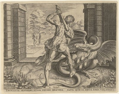 Hércules roba las manzanas de oro de las Hespérides Trabajos de Hércules (título de la serie) de Cornelis Cort