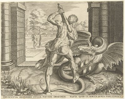 Hércules roba las manzanas de oro de las Hespérides Trabajos de Hércules (título de la serie) de Cornelis Cort