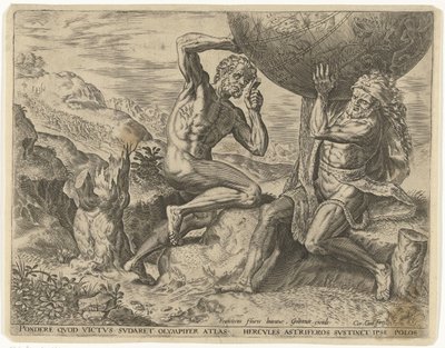 Hércules lleva el globo terráqueo para Atlas Trabajos de Hércules (título de la serie) de Cornelis Cort