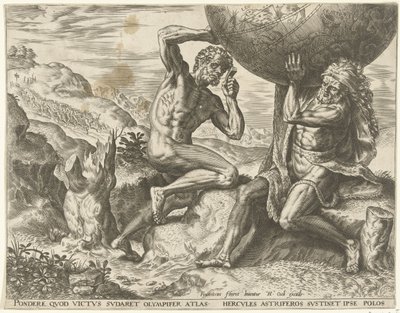 Hércules lleva el globo terráqueo para Atlas Trabajos de Hércules (título de la serie) de Cornelis Cort