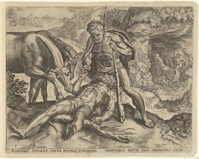 Hércules alimenta a Diomedes con sus caballos. Trabajos de Hércules (título de la serie) de Cornelis Cort