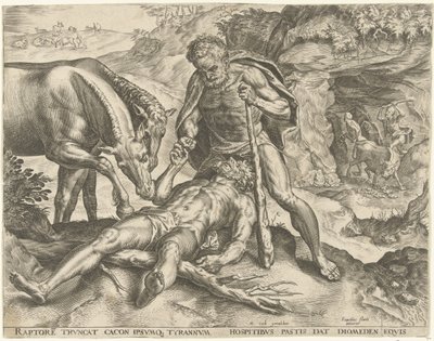 Hércules alimenta a Diomedes con sus caballos. Trabajos de Hércules (título de la serie) de Cornelis Cort