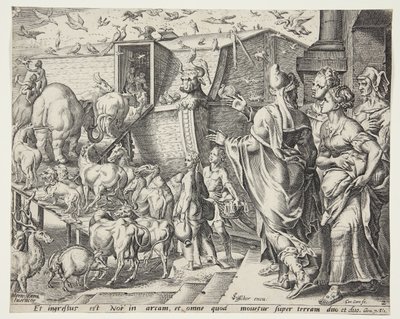 Noé, su familia y los animales abordando el arca de Cornelis Cort