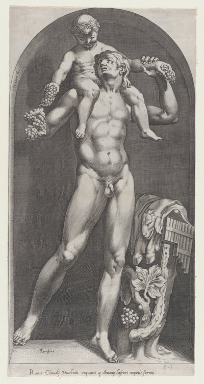Speculum Romanae Magnificentiae: Baco sobre los hombros de un sátiro de Cornelis Cort