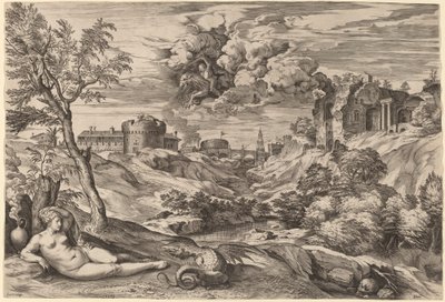 Paisaje con Roger liberando a Angélica de Cornelis Cort after Titian