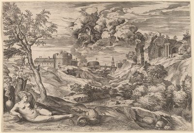 Paisaje con Roger liberando a Angélica de Cornelis Cort after Titian