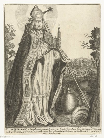 San Willibrord como arzobispo con modelo de iglesia de Dom en Utrecht St. Willebrord (título sobre el objeto) de Cornelis Danckerts (I)