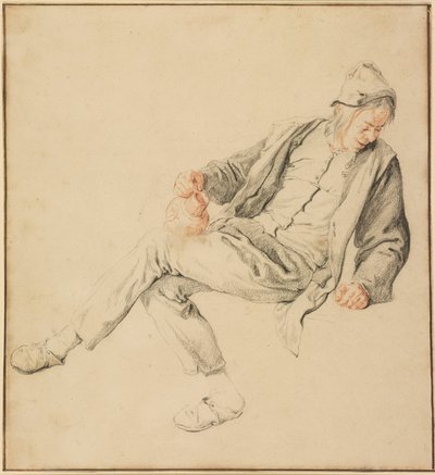 Campesino sentado mirando hacia la derecha con un cántaro en la mano de Cornelis Dusart