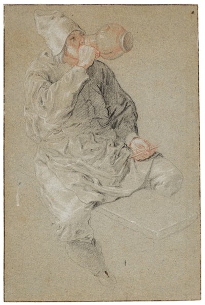 Hombre sentado bebiendo de una jarra de barro con una pipa en la mano (tiza sobre papel) de Cornelis Dusart