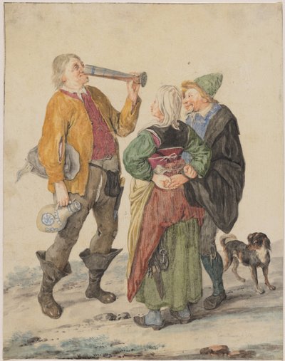 Hombre bebedor observado por una pareja y un perro de Cornelis Dusart