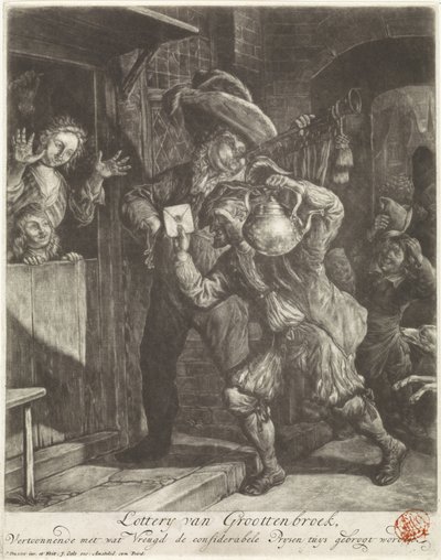 Lotería de Grootebroek, 1694 Lottery van Groottenbroek, Exhibiendo con qué alegría el considerado Prysen tuys be brogt (título sobre objeto) de Cornelis Dusart