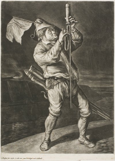 Hombre encendiendo un cohete, también llamado La paz es mejor que una victoria, de Communia Gaudia (El regocijo generalizado en el sitio de Namur) de Cornelis Dusart