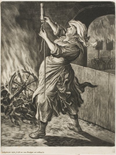 Mujer encendiendo un cohete, también llamado La paz me pone en marcha, de Communia Gaudia (El amplio regocijo en el sitio de Namur) de Cornelis Dusart