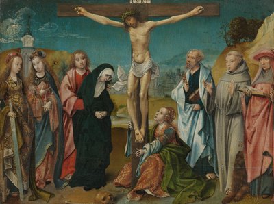 Cristo en la Cruz, con María, Juan, María Magdalena y las Santas Cecilia y Bárbara (izquierda) y Pedro, Francisco y Jerónimo (derecha) de Cornelis Engebrechtsz