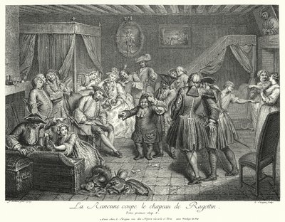 La Rancune corta el sombrero de Ragotin (grabado) de Cornelis Engelbrechtsen