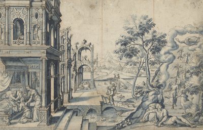 Jacob recibe la bendición de Isaac; la escalera de Jacob de Cornelis Floris (II)
