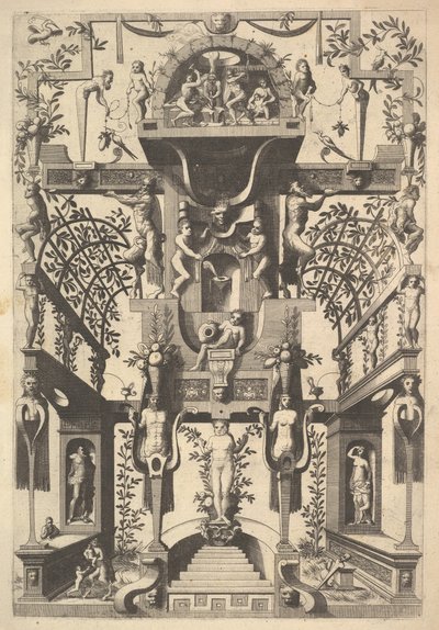 Estructura arquitectónica fantástica con obra de correa y dos pérgolas y una pequeña escena con Vu... de Cornelis Floris Ii