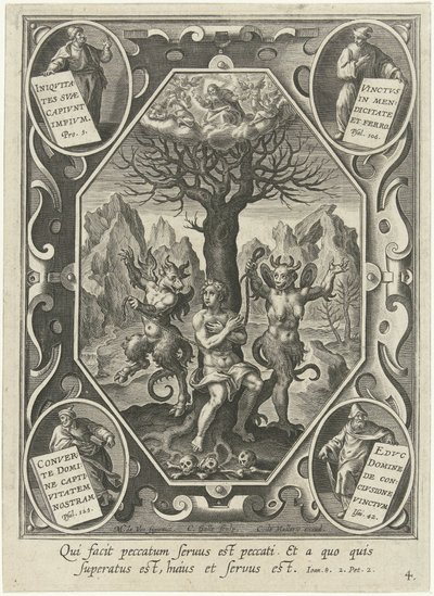 Un joven está encadenado a un árbol por dos demonios de Cornelis Galle (I)