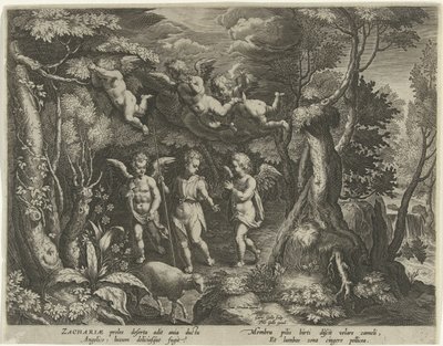 Juan el Bautista es acompañado por ángeles mientras se adentra en el desierto La vida de Juan el Bautista (título de la serie) de Cornelis Galle (I)
