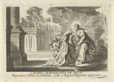 María le da una rama de lirio a Santa María Magdalena de Pazzi de Cornelis Galle (I)