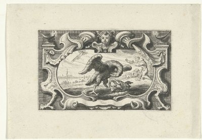Viñeta con pelícano alimentando a sus crías con su propia sangre de Cornelis Galle (II) (attributed to)