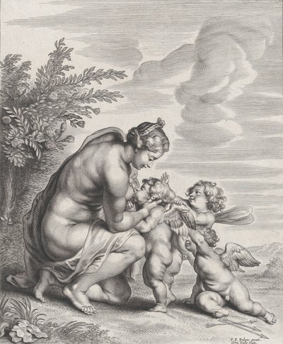 Venus amamantando a tres Cupidos en un paisaje, ca. 1627-78 de Cornelis Galle II