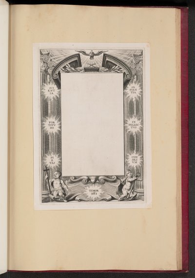Ilustración de borde con dos putti "Scientia, Fortitvdo, Pietas, Timor-DNI, Sapientia, Intellectvs, Consilivm" de Cornelis Galle I