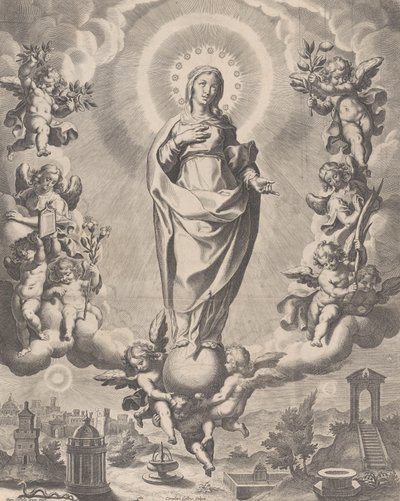 La Virgen en la gloria, de pie sobre nubes y rodeada de ángeles sosteniendo los símbolos..., 1595-1633 de Cornelis Galle I