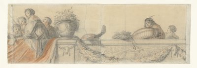 Personas en una balaustrada con festones
Diseños de murales en el castillo de Honselaersdijk (título de la serie) de Cornelis Holsteyn