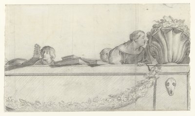 Personas en una balaustrada con festones
Diseños de murales en el castillo de Honselaersdijk (título de la serie) de Cornelis Holsteyn