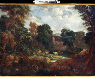 ""Valle de Flandes en verano con un rebaño de vacas cerca de un río"" Pintura de Constantinus Cornelis Huysmans (1648-1727) Museo de Arte Mikhail Kroshitsky, Sebastopol (Sebastopol) Ucrania de Cornelis Huysmans