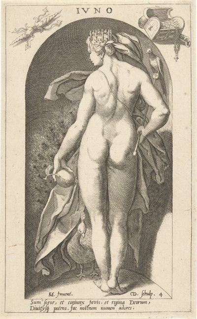 Juno con pavo real Ivno (título sobre objeto) Dioses antiguos (título de la serie) de Cornelis Jacobsz. Drebbel
