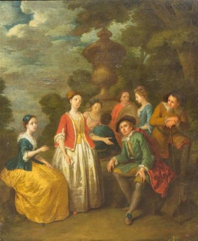 Caballero sentado con otros junto a una columna de Cornelis Joseph d
