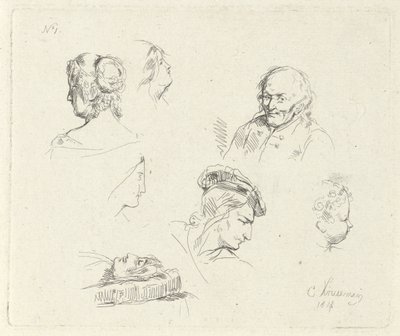 Hoja de estudio con diferentes encabezados. de Cornelis Kruseman