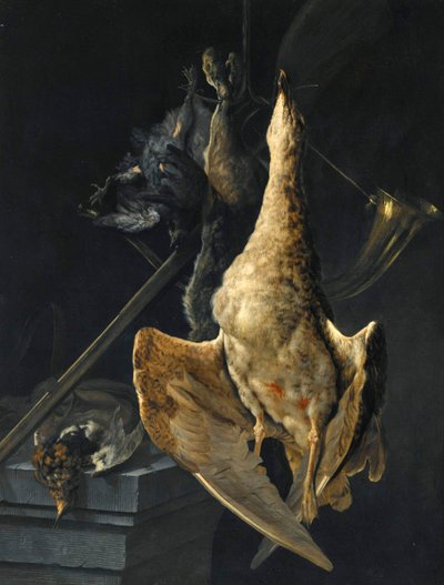 Bodegón de caza con un ganso, una liebre, un cuerno de caza, una escopeta y otras piezas de caza de Cornelis Lelienbergh