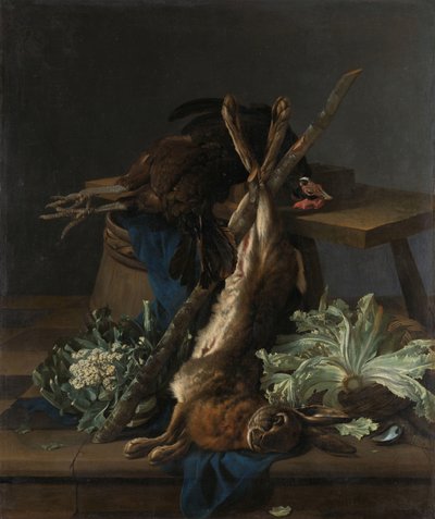 Bodegón con liebre y gallo negro de Cornelis Lelienbergh