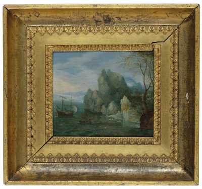 Un Paisaje Costero Rocoso con Figuras en la Orilla y una Galera Amarrada de Cornelis Liefrinck