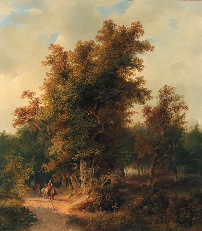 Paisaje boscoso con viajeros en un camino arenoso de Cornelis Lieste