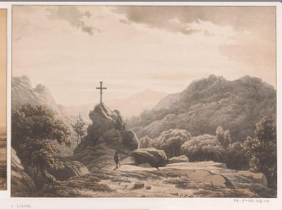 Paisaje de montaña con una cruz en una roca de Cornelis Lieste