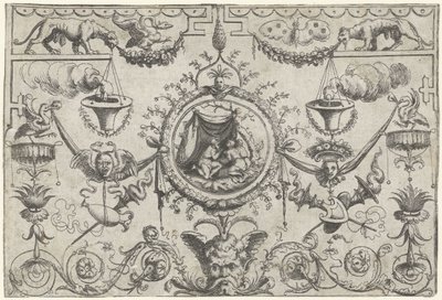 Adorno con tres figuras arrodilladas bajo un paño de Cornelis Massijs (attributed to)