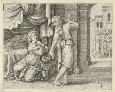La esposa de Sansón le ruega que le revele la solución al acertijo. Historia de Sansón (título de la serie) de Cornelis Massijs