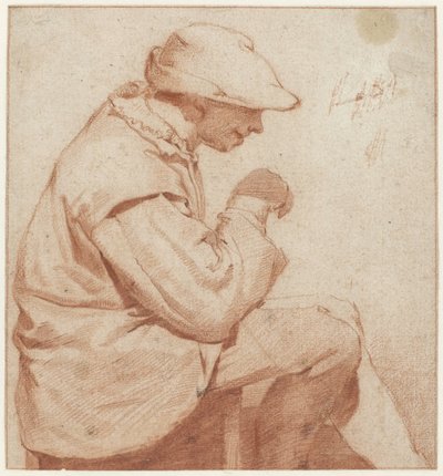 Hombre sentado con gorra blanda, de perfil a la derecha, con la mano derecha levantada de Cornelis Pietersz. Bega (attributed to)