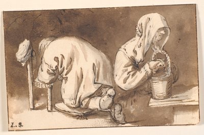 Un hombre arrodillado y una mujer con una cesta de Cornelis Pietersz Bega