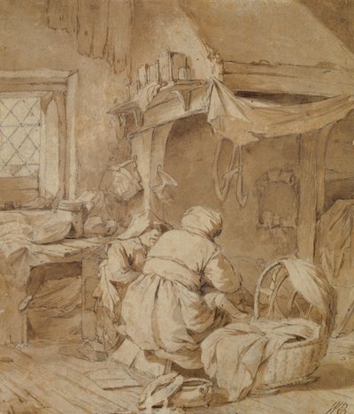 Salón de granja con granjero, cuna y niño, c.1654 de Cornelis Pietersz Bega