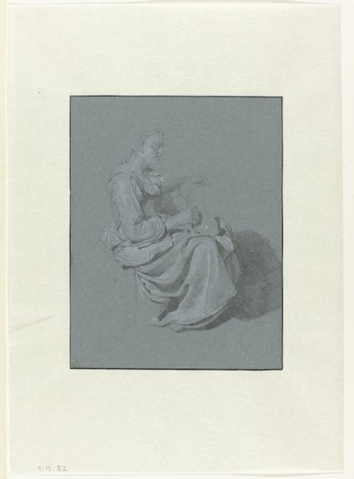 Mujer sentada, de perfil a la derecha, con un cántaro en la mano derecha de Cornelis Pietersz. Bega