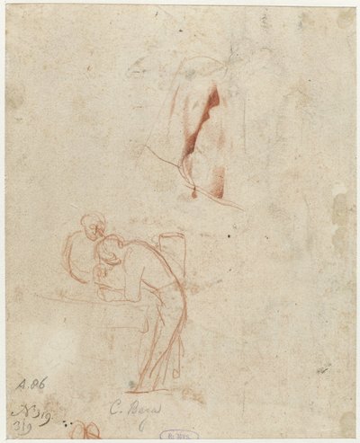 Bosquejo de dos figuras de pie y un estudio de cortinas de Cornelis Pietersz. Bega